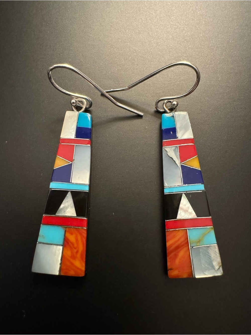 Colorful Geometric Zuni Inlay Dangle Earrings - Sterling Silver Hooks